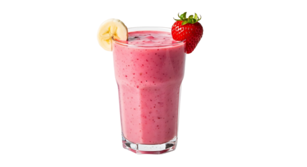Delicious strawberry banana smoothie, garnished with fresh strawberry and banana slice, perfect for healthy breakfast