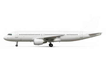 White commercial airliner in side view on transparent background, symbolizing global travel, aviation, and transport concepts
