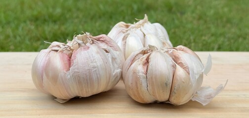 Three heads of garlic on a wooden surface outdoors.