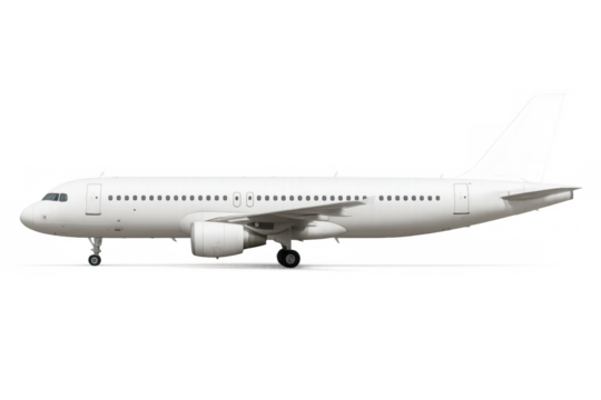 White commercial airliner in side view on transparent background, symbolizing global travel, aviation, and transport concepts