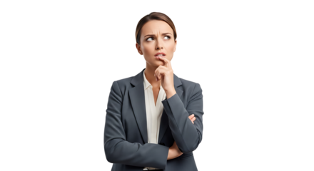 Thoughtful businesswoman, in a suit looking up with a finger on her chin, contemplating a decision or idea