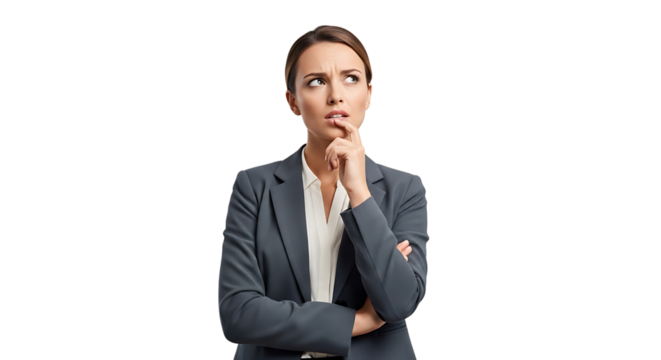 Thoughtful businesswoman, in a suit looking up with a finger on her chin, contemplating a decision or idea