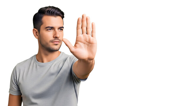 Serious young man gesturing stop with his hand, conveying a message of caution and warning