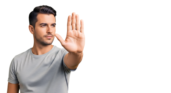 Serious young man gesturing stop with his hand, conveying a message of caution and warning
