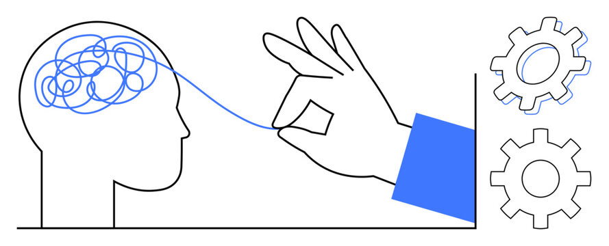A hand pulling a thread from a tangled brain with gears on the side, illustrating resolving complexity. Ideal for mental health, problem-solving, simplification, clarity, creativity, productivity