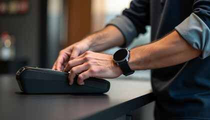 Paying with terminal at counter involves male hands operating electronic system for payment. Paying with terminal is simple with new technologies: easy to pay and fast to process,