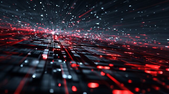 Dynamic abstract digital network with glowing red data streams and futuristic light trails, representing speed and connectivity in a high tech world