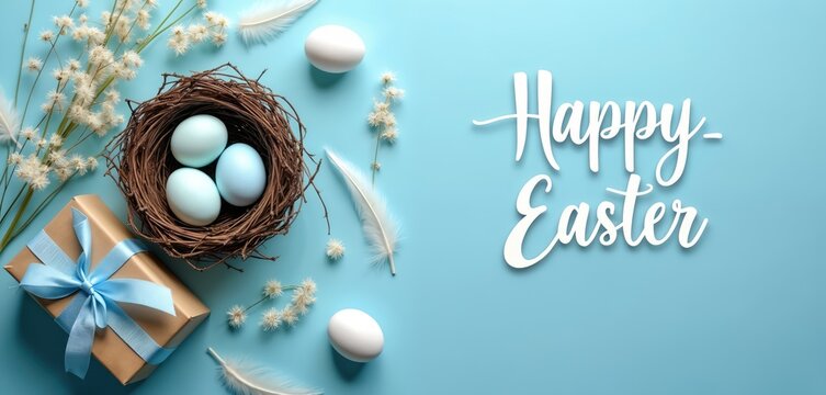 Bird nest with pastel eggs, brown gift box with blue ribbon, white feathers, delicate white flowers on blue background with happy easter text.