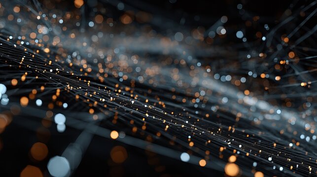 Dynamic digital network with glowing particles and intricate data connections creating a futuristic, abstract technological landscape