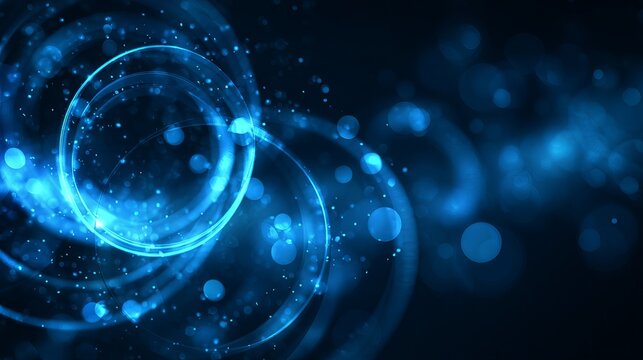 Dynamic glowing blue energy rings swirl and sparkle amidst a dark, abstract cosmic background, creating a futuristic and ethereal atmosphere perfect for technology or science themes.