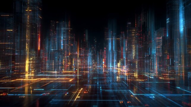 Stunning digital cityscape with glowing neon lights, representing futuristic technology, data flow, and urban innovation in a vibrant, abstract network. - Powered by Adobe