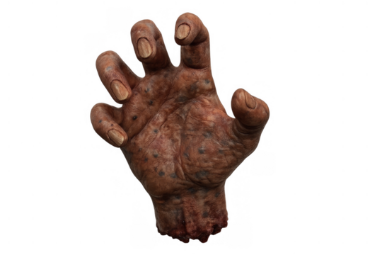 Zombie hand reaching out, grotesque undead limb with decaying skin and dirty fingernails, scary horror halloween graphic