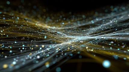 Dynamic abstract network of glowing particles and light trails flowing through darkness, representing data transfer and digital connections in a futuristic space.