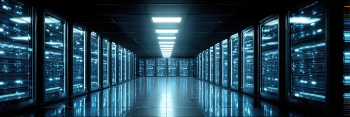Modern Server Room Showcases Advanced Technology With Blue Lighting and a Clean Atmosphere for Optimal Performance