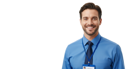 Smiling businessman in blue shirt with name tag he is looking at the camera with a friendly and confident expression