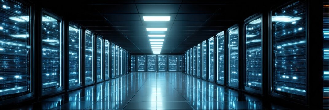 Modern Server Room Showcases Advanced Technology With Blue Lighting and a Clean Atmosphere for Optimal Performance