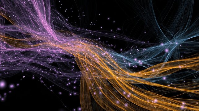 Dynamic abstract energy flow with glowing particles and swirling light trails creating a vibrant, futuristic digital network or cosmic phenomenon