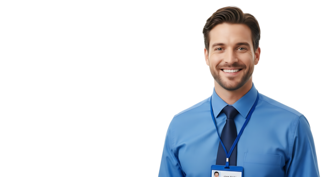 Smiling businessman in blue shirt with name tag he is looking at the camera with a friendly and confident expression