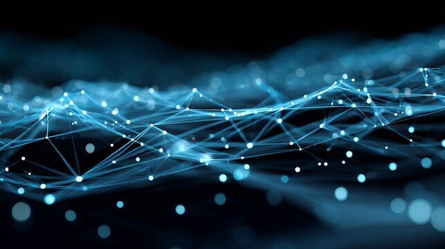 Dynamic digital network abstract with glowing blue nodes and connecting lines creating an intricate web of futuristic data flow, perfect for tech innovation concepts.