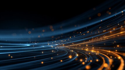 Dynamic abstract background of glowing blue and orange light trails and bokeh particles creating a sense of speed and digital connection, perfect for technology and innovation themes