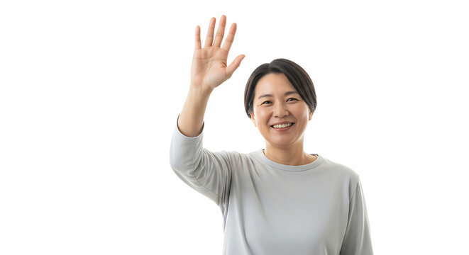 Smiling asian woman waving hand, conveying warmth and friendliness in a simple and welcoming gesture of greeting - Powered by Adobe