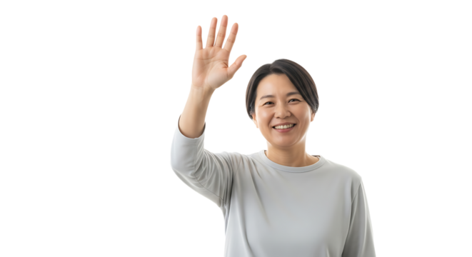 Smiling asian woman waving hand, conveying warmth and friendliness in a simple and welcoming gesture of greeting - Powered by Adobe