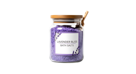 A jar of lavender bath salt, a fragrant and relaxing spa treatment for body care