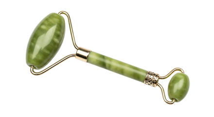 Green jade roller for face massage, a traditional chinese beauty tool for lymphatic drainage and antiaging treatment