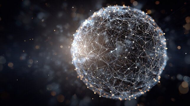 Dynamic digital network sphere with glowing nodes and light flares represents global connectivity and futuristic technology