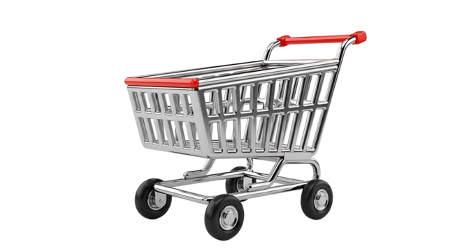Shopping cart with red handle for retail and ecommerce needs, perfect for online stores and supermarket promotions