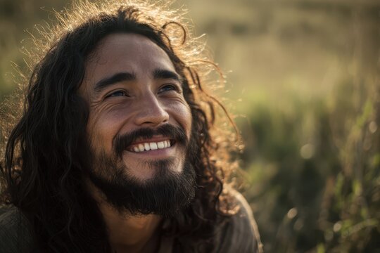 Smiling man with long wavy hair and beard looks upward in a sunlit outdoor setting, creating a warm and serene atmosphere. His joyful expression radiates happiness and peacefulness