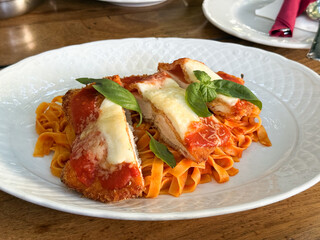 Italian pasta with tomato sauce, melted cheese, and basil leaves. Comfort food, flavor, and warmth of Mediterranean cuisine on a sunny afternoon.