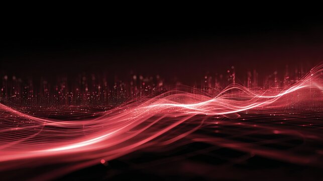 Dynamic red abstract digital waves flow across a dark technological landscape, representing data flow and future innovation