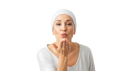 Attractive woman with cancer blowing a kiss, showing love and support during chemotherapy treatment
