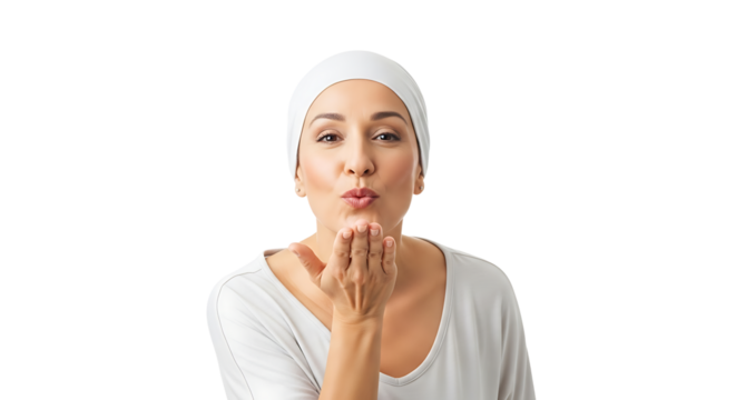 Attractive woman with cancer blowing a kiss, showing love and support during chemotherapy treatment