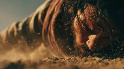 Close-up: Stephen fallen, the apostle, face in dust after stoning, quiet martyrdom in gritty, solemn detail.