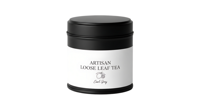 Artisan loose leaf tea in a black tin, showcasing earl grey blend, perfect for tea enthusiasts seeking premium quality and flavor