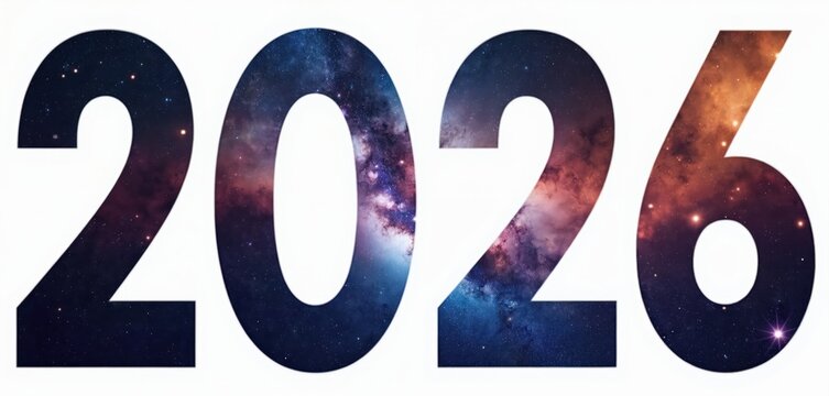 Bold white numbers 2026 feature deep space nebula galaxy texture. Represents New Year celebration cosmic futuristic theme. Great for holidays, science, or abstract designs.