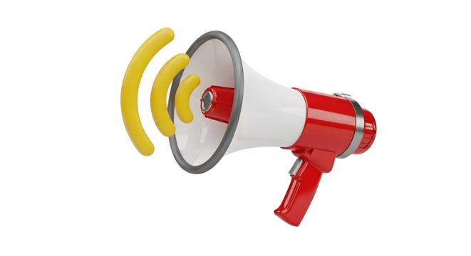 Red and white megaphone with yellow sound waves, ideal for marketing, announcements, and communication concepts