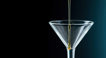 A specialized, high-viscosity liquid lubrication chemical flowing smoothly over a clean glass funnel's rim, enhancing transfer speed ,smooth ,agent ,viscosity