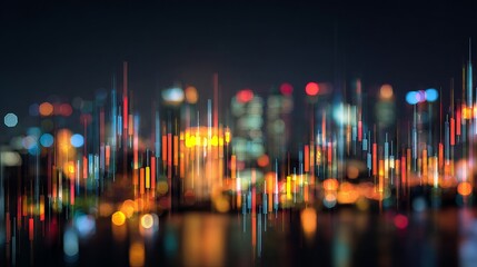 Dynamic financial market graph overlay on a vibrant, blurred city skyline at night, symbolizing global economic growth and investment opportunities.