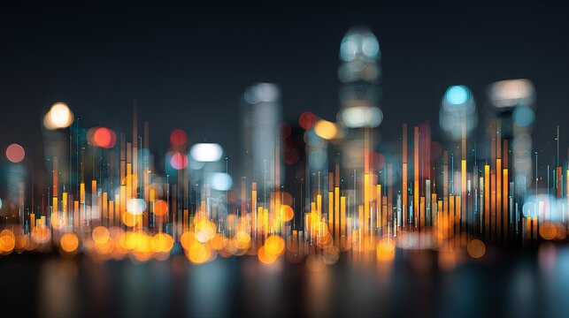 Dynamic financial data visualization overlays a vibrant, bokeh-lit cityscape at night, symbolizing growth and market trends.