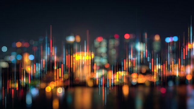 Dynamic financial market graph overlay on a vibrant, blurred city skyline at night, symbolizing global economic growth and investment opportunities.