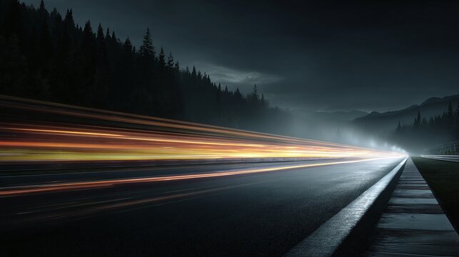 Motion blur of light trails on a dark highway at night with silhouette of forest trees in the background conveying the feeling of speed. Atmospheric, moody, and dramatic mood.