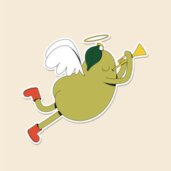 Cute winter illustration of a green pear with wings and halo and snow boots playing the trombone. Fruit with funny face. Angel character. Holiday sticker pack.