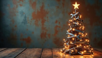 Unique Christmas tree made from metal wrenches, various mechanic tools stands on wooden table. Features shining star on top, adorned with warm festive string lights. Great holiday concept for auto