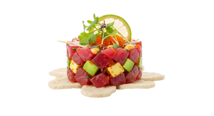 Delicious tuna tartare, a culinary masterpiece with fresh tuna, avocado, and a zesty citrus garnish