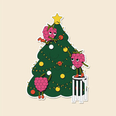 Cute winter illustration of pink raspberries decorating the Christmas tree with toys. Berries with funny faces. Holiday sticker pack.