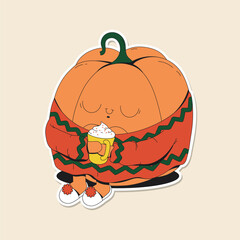 Cute winter and fall illustration of a chubby pumpkin in a Christmas sweater drinking cocoa with whipped cream. Autumn fruit with funny face. Holiday sticker pack.