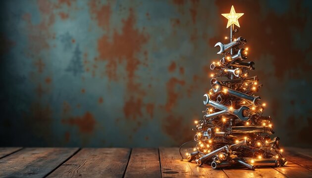 Unique Christmas tree made from metal wrenches, various mechanic tools stands on wooden table. Features shining star on top, adorned with warm festive string lights. Great holiday concept for auto